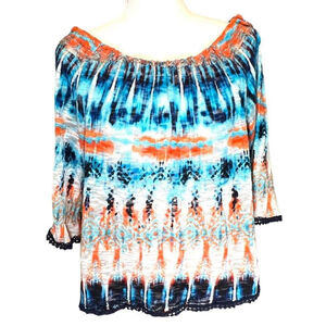 JohnPaulRichard Off-Shoulder Boho Blouse M Sheer Tie-Dye Crochet Trim Top